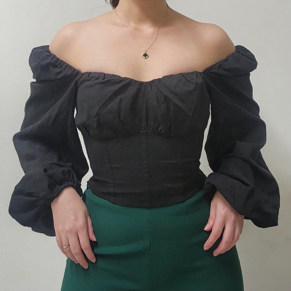 Los Angeles Atelier & Other Stories Black Off Shoulder Puff Sleeve Corset Top S